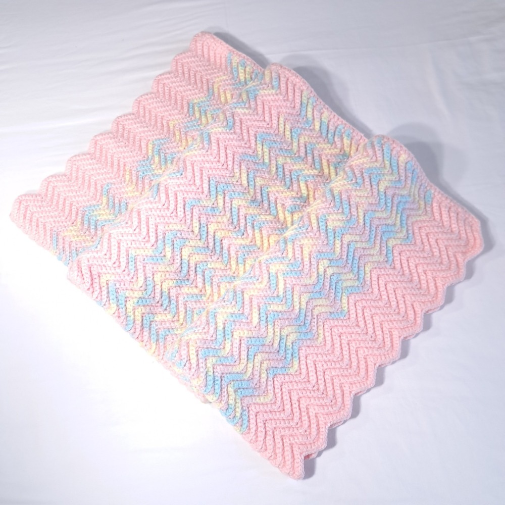 Vintage Handmade Crochet Chevron‎ Blanket Baby Nursery Pink/Blue/Yellow 36x38